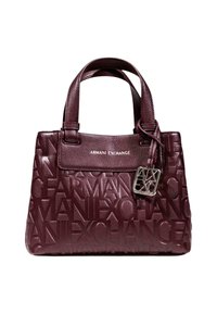 Sac à main en cuir bordeaux avec motif de logo embossé, double anses et accent en métal argenté. Doté d'une fermeture à rabat et d'un design structuré.