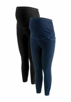 Zwei Paar Umstandsleggings, eines in Schwarz und eines in Dunkelblau, mit dehnbaren, hohen Bündchen, die für die Schwangerschaft entworfen wurden.