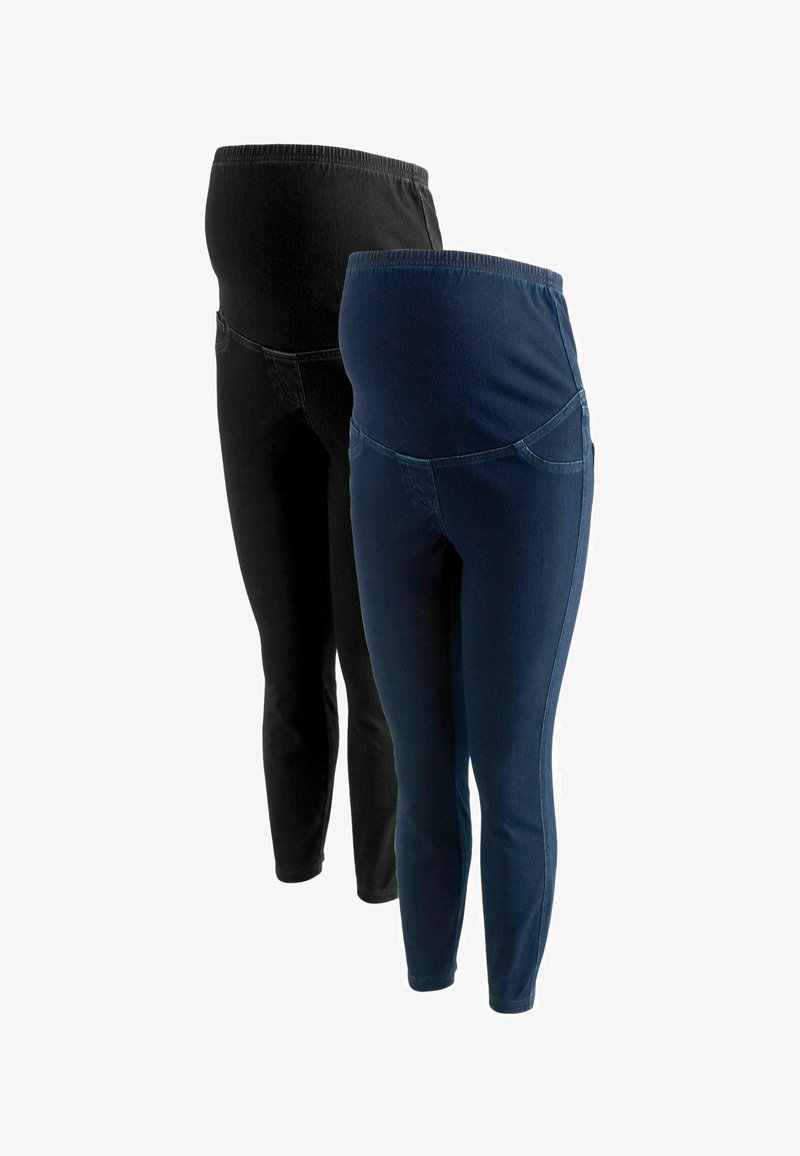 Deux paires de leggings de maternité, un noir et un bleu foncé, avec des tailles hautes extensibles conçues pour la grossesse.