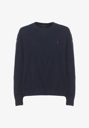 Felpa blu navy girocollo con polsini e orlo a costine, con un piccolo logo ricamato di un cavallo rosso sul petto a sinistra.