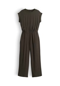 Dark olive green sleeveless jumpsuit with elastic waist and wide-leg pants, laid flat on white background.