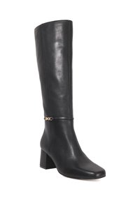 Black leather knee-high boot with a square toe, block heel, and a gold accent around the ankle. Smooth texture with a polished finish.