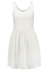 Robe blanche sans manches avec corsage en dentelle ajusté et jupe froncée, avec encolure ronde et ourlet à hauteur des genoux.