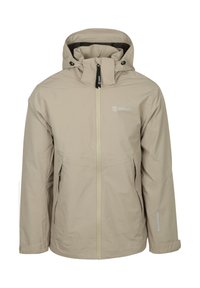 Beige waterdichte jas met capuchon, rits aan de voorkant, twee zijzakken en een logo op de borst. Glad van textuur en regular fit.