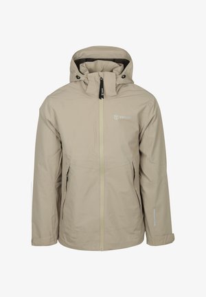 Beige waterdichte jas met capuchon, rits aan de voorkant, twee zijzakken en een logo op de borst. Glad van textuur en regular fit.