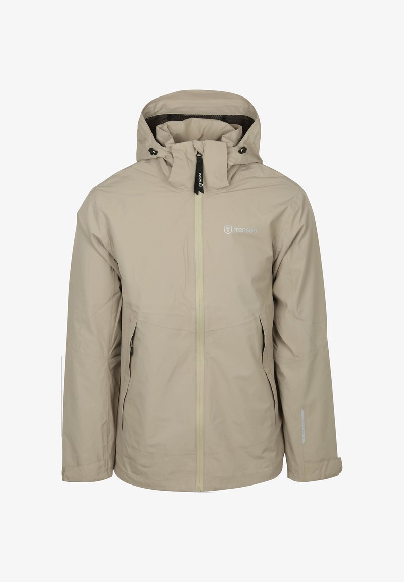 Beige waterdichte jas met capuchon, rits aan de voorkant, twee zijzakken en een logo op de borst. Glad van textuur en regular fit.