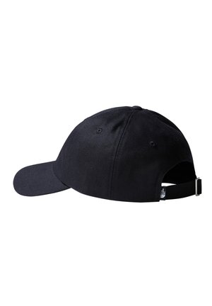 Casquette de baseball noire ajustable avec boucle en métal et petite étiquette de marque à l'arrière, design simple avec trous de ventilation cousus.