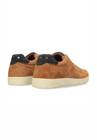 Braune Wildleder-Sneaker mit schwarzen Wildleder-Heel-Details, die goldene Sternakzente, einen strukturierten Körper und eine cremefarbene Gummisohle aufweisen.