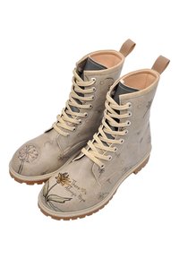 Beige Schnürstiefel mit floralen Designs, die einen Löwenzahn und eine gelbe Blume zeigen. Der Text lautet: "Es gibt immer Hoffnung." Gummisohle.
