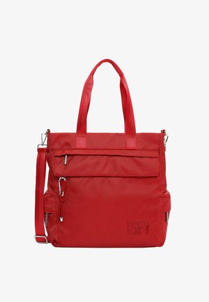 Rote, strukturierte Tragetasche mit zwei Griffen, abnehmbarem Schultergurt, vorderer Reißverschlusstasche, Seitentaschen und Metallreißverschlussanhängern.