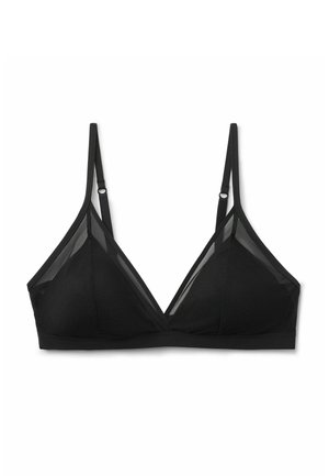 Sujetador triangular negro y ligero con tirantes finos ajustables y detalles de rejilla en los bordes de las copas, diseñado para la comodidad y un soporte mínimo.