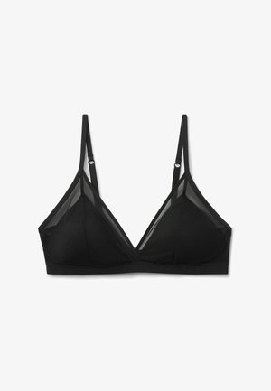 Sujetador triangular negro y ligero con tirantes finos ajustables y detalles de rejilla en los bordes de las copas, diseñado para la comodidad y un soporte mínimo.