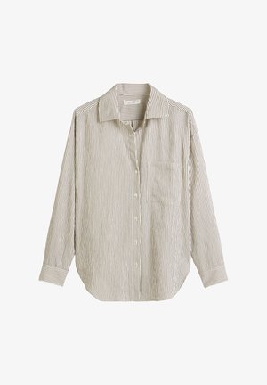 Chemise rayée à boutons de couleur beige clair et marron. Présente un col, des manches longues, une poche poitrine et un ourlet arrondi. Tissu texturé.
