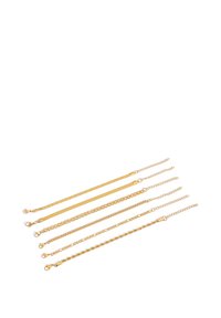 Five gold-tone chain bracelets with different link styles, each with a lobster clasp and extension chain, displayed on a white background.