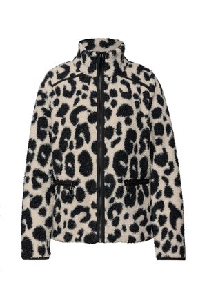 Leopardprint fleece jack met hoge kraag, zwarte rits en twee ritszakken. Zachte textuur met zwart en crème kleurcontrast.