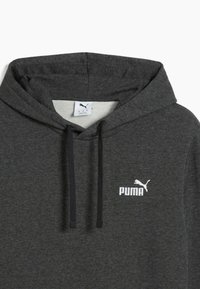 Donkergrijze hoodie met zwarte trekkoorden en wit Puma-logo op de borst, toont de capuchon en het bovenste deel van de torso.