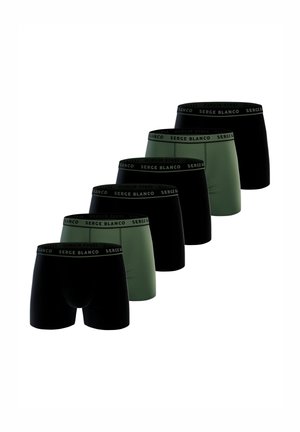 Six paires de boxers pour hommes en noir et vert olive. Fabriqués en tissu doux avec des tailles élastiques noires portant la marque "SERGE BLANCO".