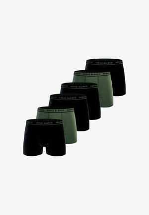Six paires de boxers pour hommes en noir et vert olive. Fabriqués en tissu doux avec des tailles élastiques noires portant la marque "SERGE BLANCO".