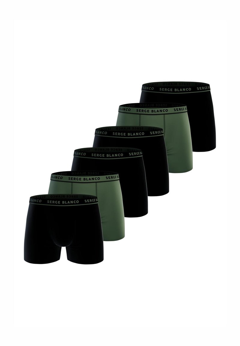 Six paires de boxers pour hommes en noir et vert olive. Fabriqués en tissu doux avec des tailles élastiques noires portant la marque "SERGE BLANCO".