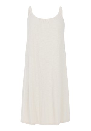 Hvid ærmeløs kjole lavet af letvægtigt stof, med en sammensnøret halsudskæring og en løs pasform, med en ensartet tekstur og uden mønstre.