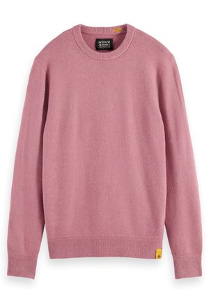 Pink sweater made of soft knit fabric. Round neckline, long sleeves, ribbed cuffs and hem, with a small yellow logo label at the lower side.