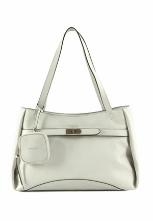 Sac à main en cuir blanc avec double poignée, bandoulière avant avec fermoir doré et petite pochette carrée attachée.