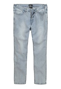 Jeans de denim azul claro con un corte recto, cinco bolsillos y cierre de cremallera. Presenta un ligero desgaste y costuras en contraste a lo largo de las costuras.