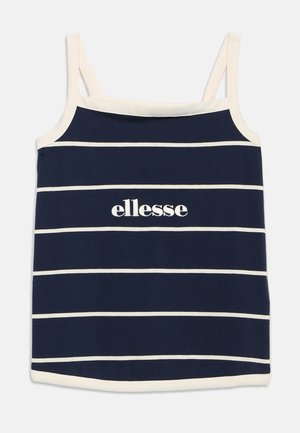 Námornícky modrý tielko s bielymi vodorovnými pruhmi a bielym lemovaním, s bielym textovým logom "ellesse" umiestneným v strede prednej časti.