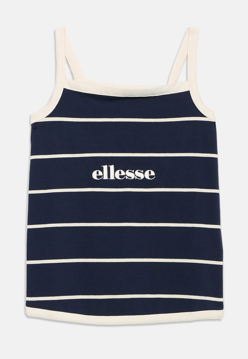 Μπλε σκούρο αμάνικο τοπ με λευκές οριζόντιες ρίγες και λευκή επένδυση, με το λευκό λογότυπο "ellesse" στο κέντρο του μπροστινού μέρους.