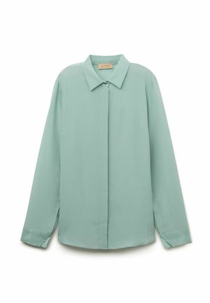 Chemise à manches longues vert clair avec un col classique, une fermeture à boutons sur le devant et un tissu lisse et léger. Pas de motifs ni d'accents visibles.