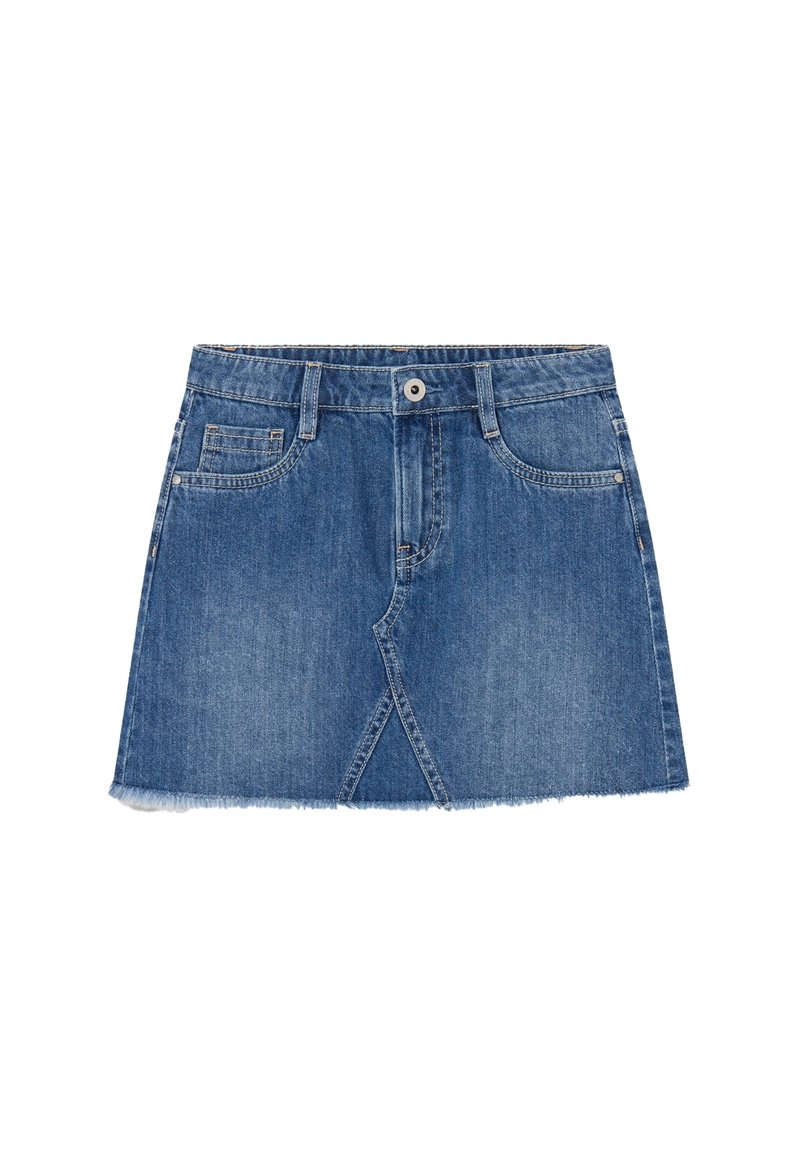 Denim skirt in mid-blue with a frayed hem, featuring a front seam design and standard waistline with belt loops and front pockets.