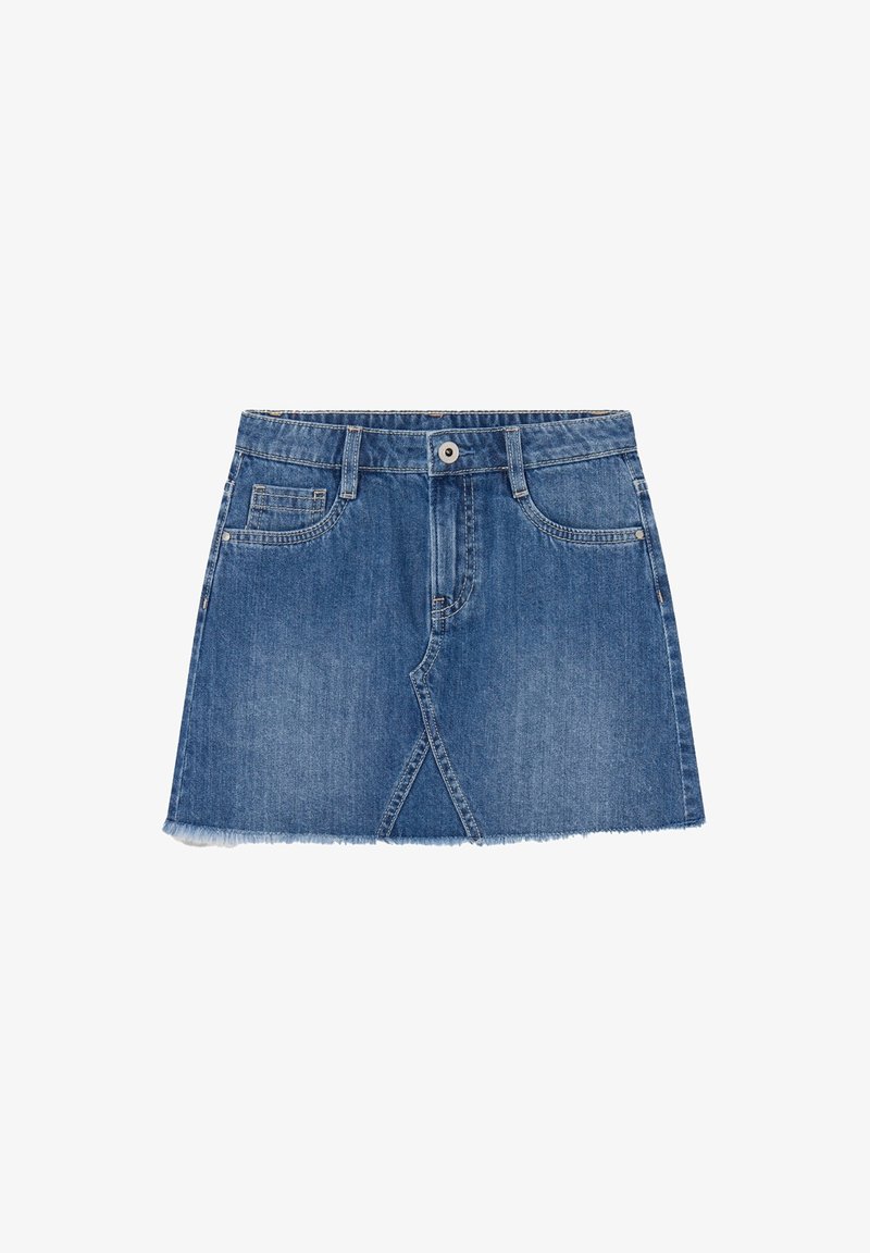 Denim skirt in mid-blue with a frayed hem, featuring a front seam design and standard waistline with belt loops and front pockets.