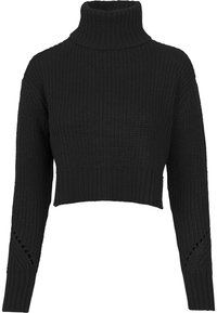 Schwarzer cropped Rollkragenpullover aus strukturiertem Strickstoff mit gerippten Details und Ausschnitten an den Ärmeln.