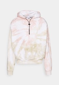 Felpa con cappuccio tie-dye in tonalità crema, rosa e verde. Presenta un cappuccio con cordoncino, tasca frontale e polsini a coste con logo stampato.