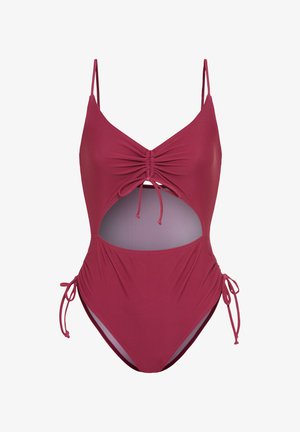 Avenes viengabala peldkostīms ar regulējamiem spageti siksniņām, centrālo rušinājumu, sānu izgriezumiem un sasienamiem akcentiem gurnos. Gluda auduma tekstūra.