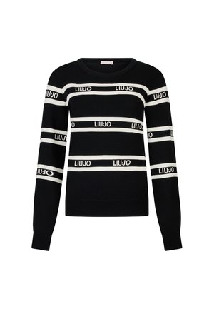 Maglione nero lavorato a maglia con strisce bianche orizzontali e testo con marchio, colletto rotondo e maniche lunghe. Accentuato da polsini e orlo a coste.