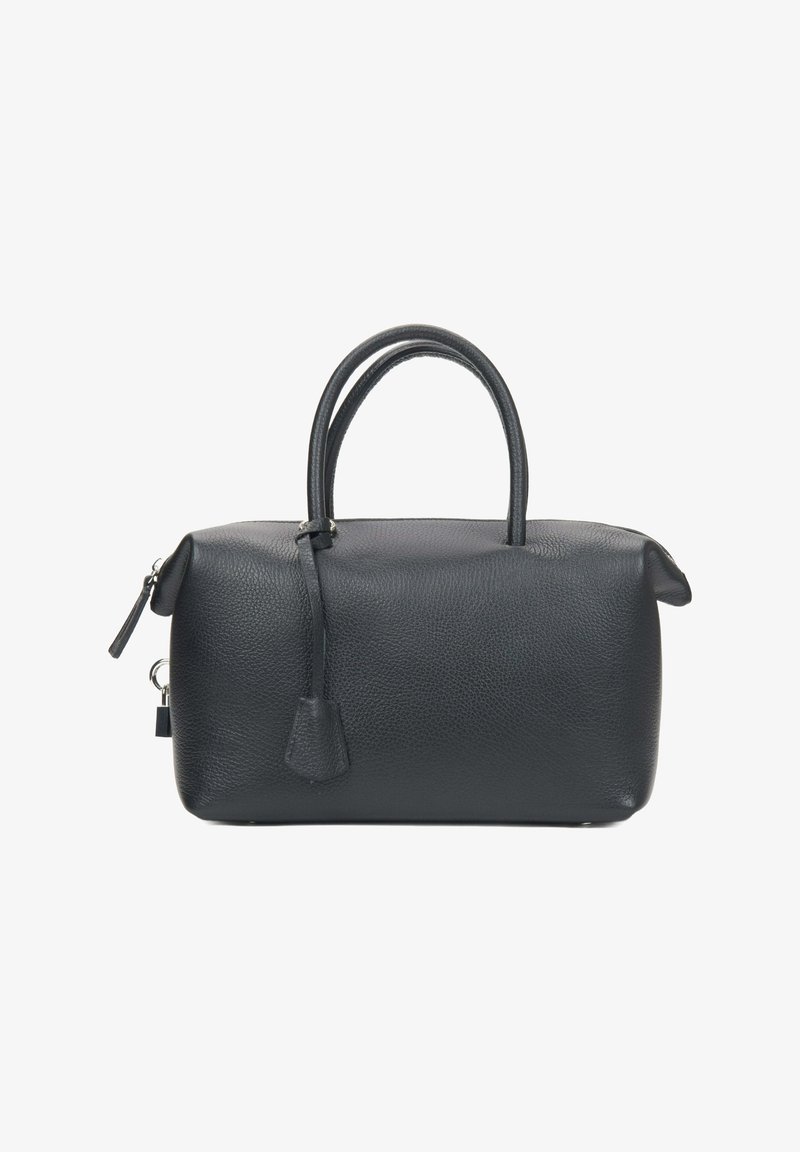 Czarna skórzana torebka o teksturowanym wykończeniu, zaokrąglonym dnie, dwóch uchwytach i zamek błyskawiczny. Posiada mały skórzany chwost i srebrne okucia.