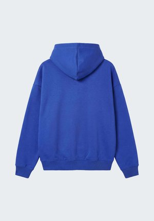 Sweat à capuche bleu vu de dos avec manches longues, poignets et ourlet côtelés sur un fond uni.