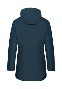 Navy blue waterproof jacket with a hood, featuring a cinched waist, long sleeves, and textured fabric accents on the shoulders.