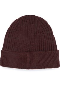 Bordeauxrode gebreide muts met een geribbelde structuur, voorzien van een omgeslagen boord, ontworpen voor warmte en comfort.