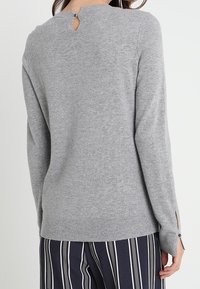 Pull en tricot gris à manches longues, avec un col rond et une fente en forme de goutte dans le dos. L'ourlet est côtelé et les poignets des manches sont fendus.