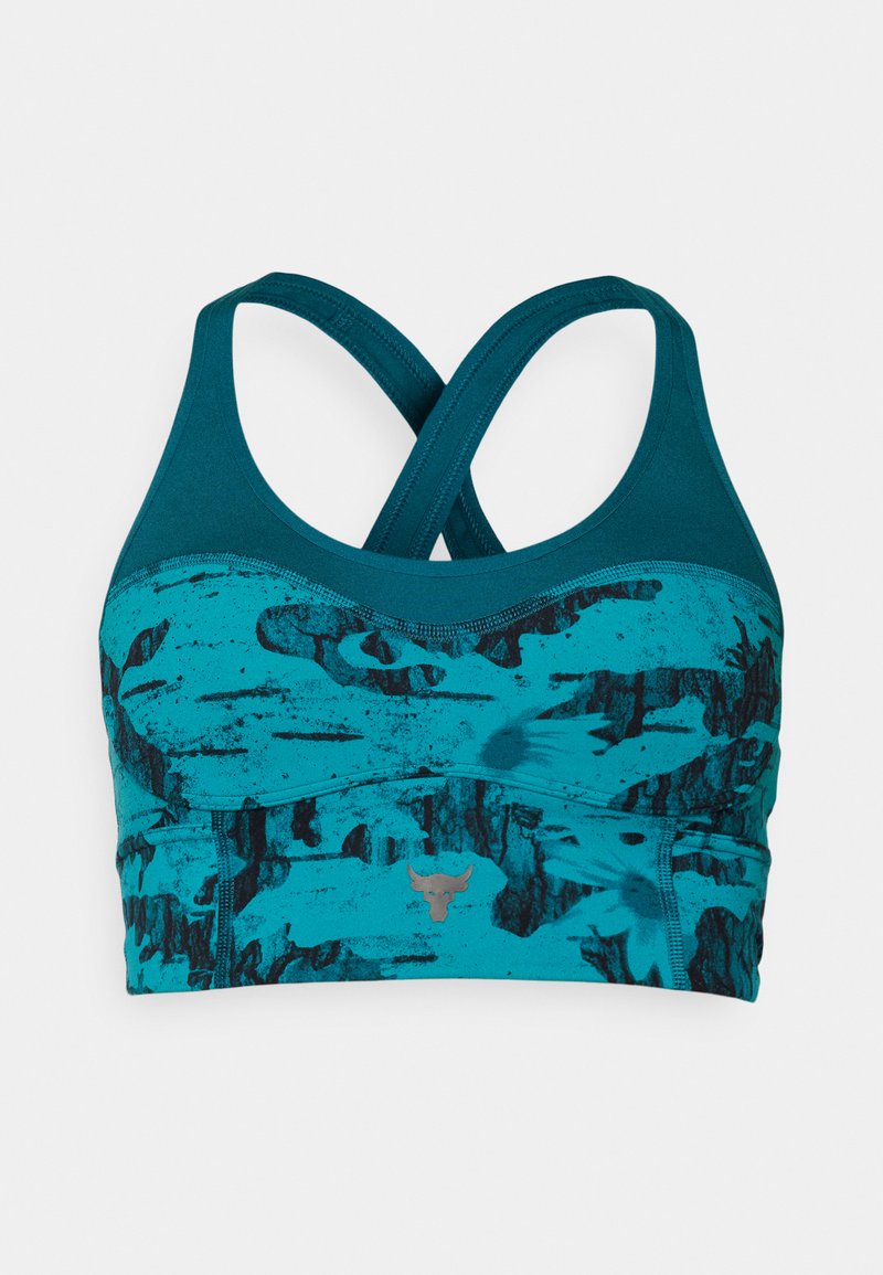 Reggiseno sportivo verde teal e nero con motivo, spalline incrociate sul retro e un piccolo logo di un toro centrato sulla banda frontale.