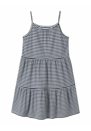 Robe sans manches à rayures bleu marine et blanches avec fines bretelles, étages froncés et coupe ample.