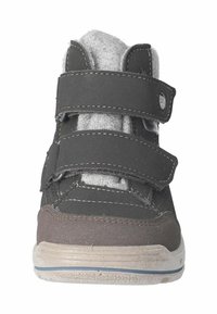 Sort velcro-sneakers med en fluffy grå foret, rund tå, gummisål og kontrastsyning. Designet til komfort og nem påtagning.