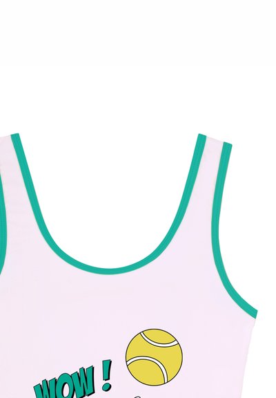 Débardeur blanc avec bordures turquoise, affichant un graphisme de balle de tennis jaune et le texte "WOW !" en police turquoise grasse.