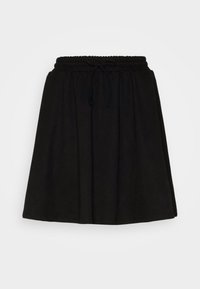 Svart kjol med elastiskt midjeband och snörning. Har en utsvängd siluett och mjuk tygtextur. Slät yta utan mönster.