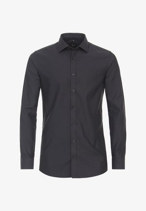 Men's long-sleeve shirt in dark gray, made from textured fabric. Features a button-up front, classic collar, and black buttons.