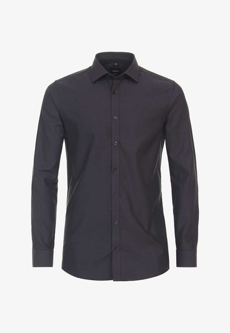 Herren Langarmshirt in Dunkelgrau, aus strukturiertem Stoff gefertigt. Mit einer Knopfleiste, klassischem Kragen und schwarzen Knöpfen.
