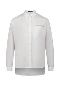 Chemise blanche à manches longues, boutonnée, en tissu lisse et léger. Dotée d'une poche avec ornement et d'un col classique.