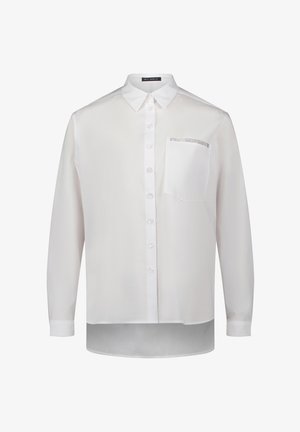 Weißes, langärmliges Hemd mit Knopfleiste aus einem glatten, leichten Stoff. Mit einer Tasche mit Verzierungen und einem klassischen Kragen.